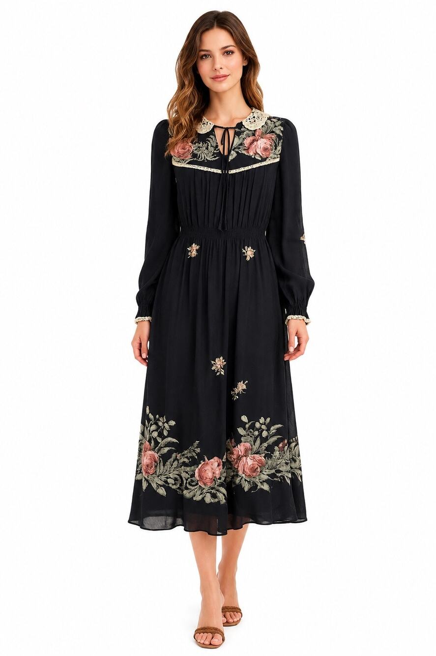 Vintage 1970s Cactus NYC Boho Prairie Floral Midi Dress XS/S Black Pink Roses